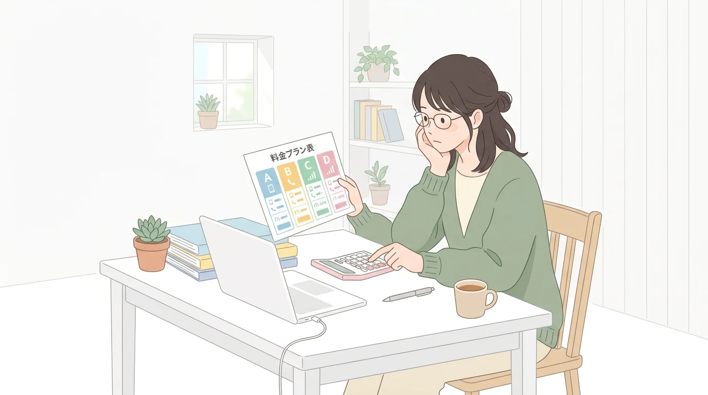 料金プランを電卓で比較している女性のイラスト