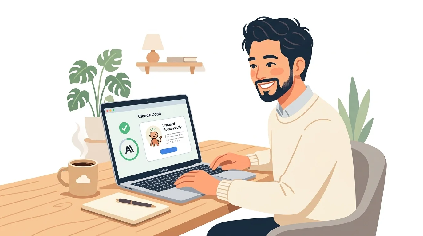 ノートPCの前でClaude Codeを始めようとしている男性のイラスト