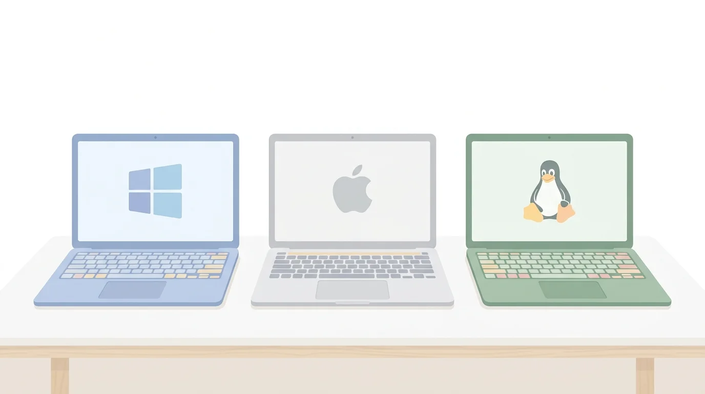 Windows、Mac、Linuxの3つのOSアイコンが並んでいるイラスト