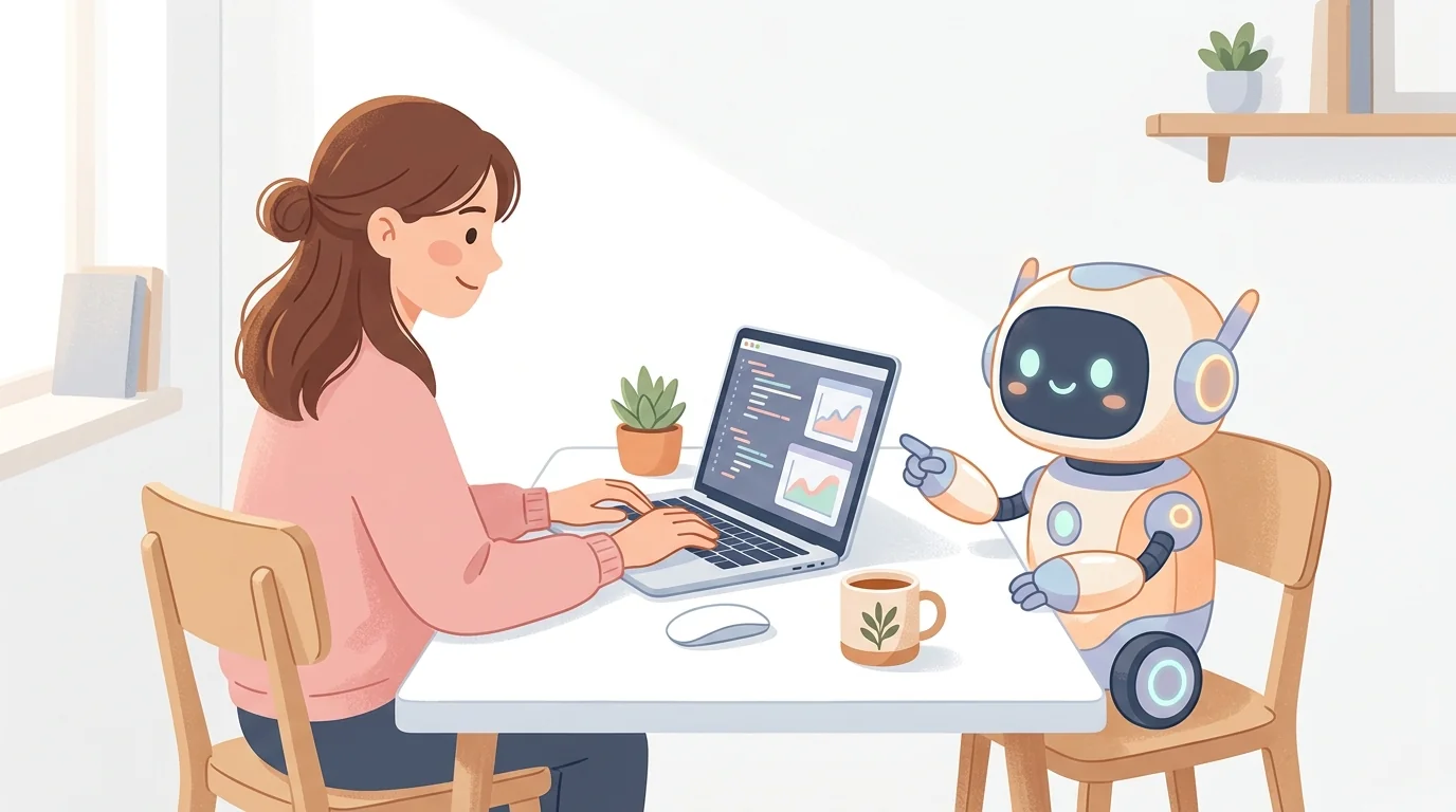 人間とAIロボットが並んで作業しているイラスト