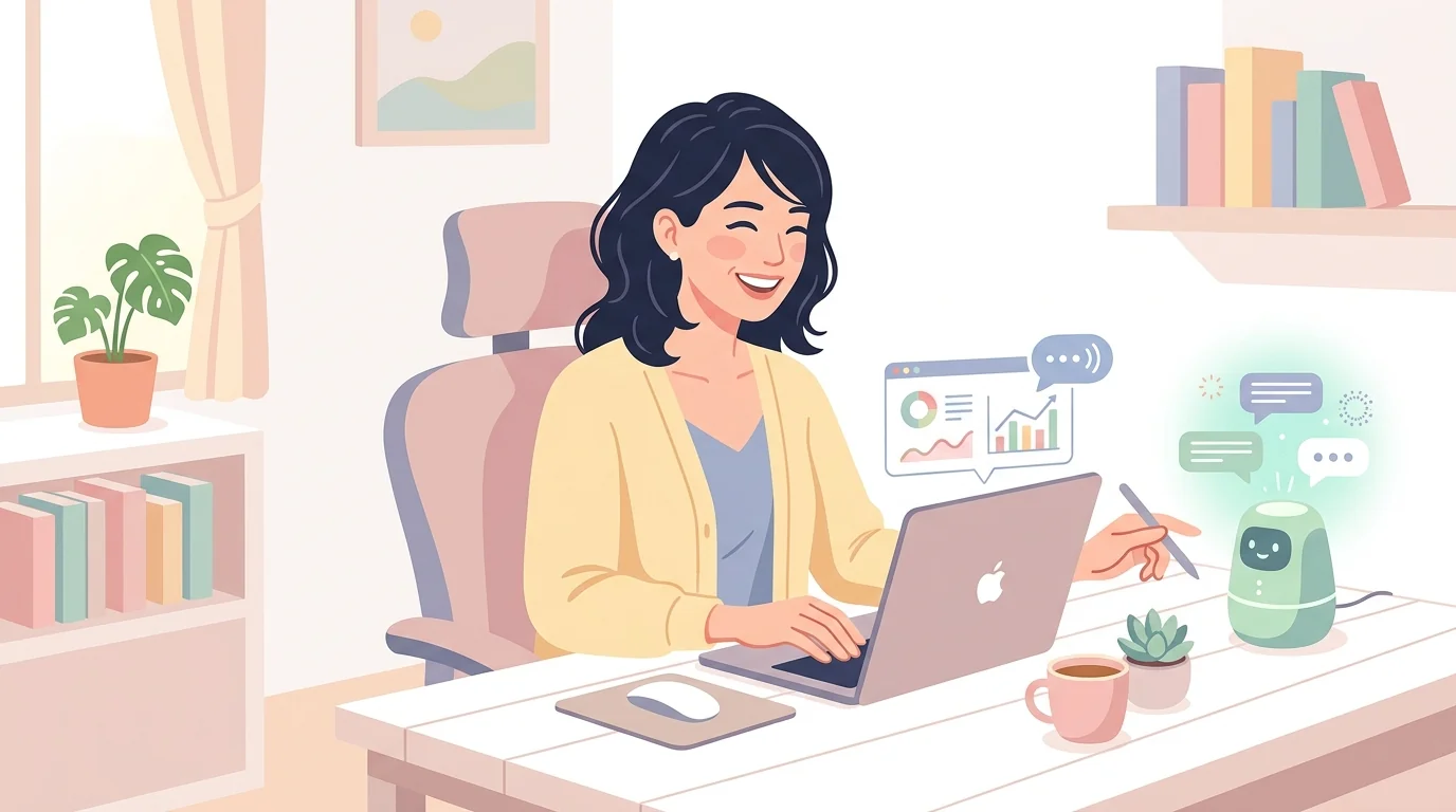 ノートPCとAIアシスタントで作業する女性のイラスト