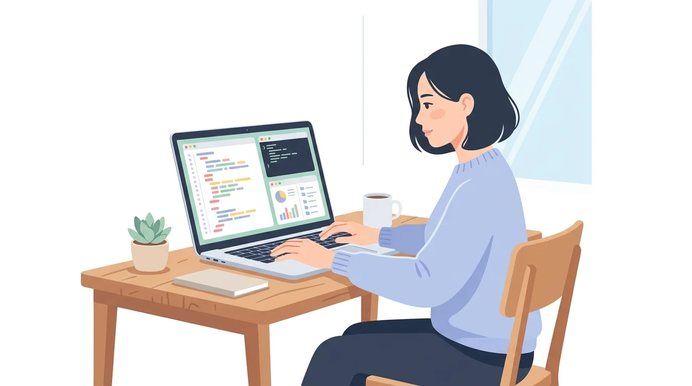 ノートPCで複数のウィンドウを操作している女性のイラスト