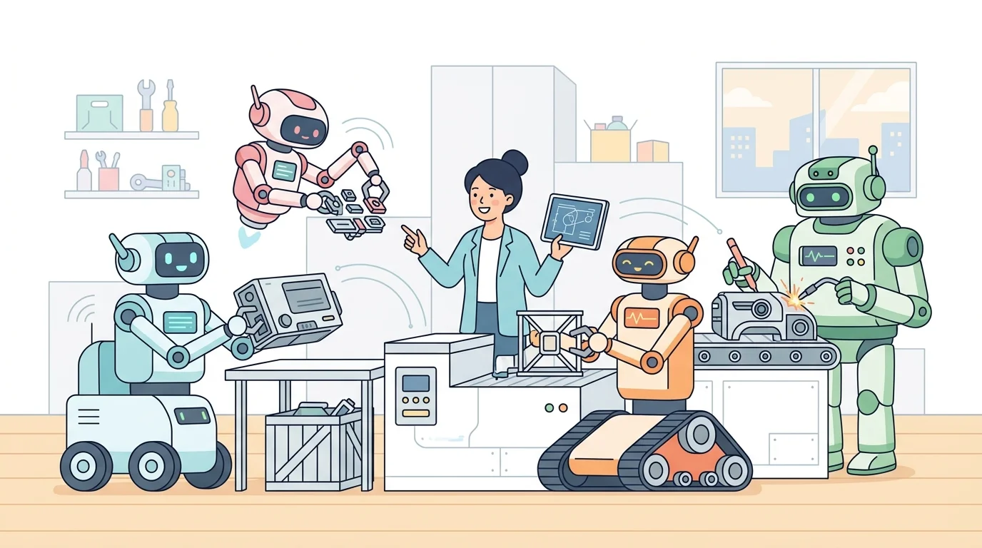 複数のAIロボットがチームを組んで作業しているイラスト